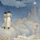 Women in Elegant Dresses on Coastal Landscape at Night