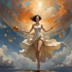 Ethereal Woman in Cream Gown with Golden Planet