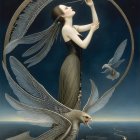 Dreamlike Scene with Figure, Feathers, and Birds