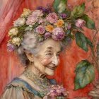 Young woman with gray hair and floral crown in red背景