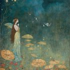 Art Deco Woman in Flowing Dress Surrounded by Flowers
