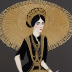 Regal figure in blue headdress with ornate jewelry