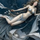 Fantasy figure in flowing fabrics with whimsical rabbits