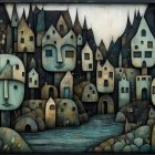 Surreal Landscape with Angular Houses and Ghostly Figures