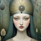 Woman in Traditional Garment Against Dark Cloudy Sky