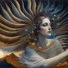 Regal Woman with Wings in Moonlit Sky Artwork