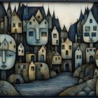Surreal Landscape with Stylized Faces and Abstract Buildings