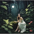 Elegant woman in white dress by dark reflecting pond