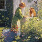 Serene Woman in Flowing Gown with Vibrant Bird