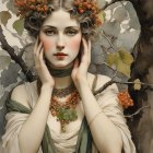 Pale woman in floral crown and vintage dress in misty forest portrait.
