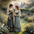 Women in Elegant Attire Amidst a Vibrant Garden