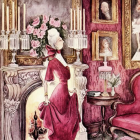 Elderly Woman in Vintage Gown in Elegant Room