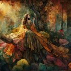 Woman in elegant gown among blooming tulips at sunset
