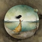 Woman in Yellow Dress by Tranquil Water Body