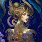 Serene Woman in Floral Gown Surrounded by Nature