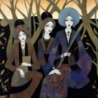 Three Women in Traditional Attire in Serene Setting