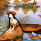 Woman with Floral Headwear by Lake with Boat, Birds, and Castle in Autumn