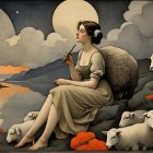 Shepherdess in Traditional Attire Amidst a Twilight Landscape