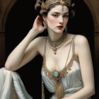 Pale-skinned woman in white gown and blue gemstone jewelry poses against dark backdrop