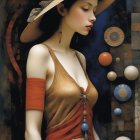 Pensive woman with headscarf and red arm bands, portraits on wall behind her