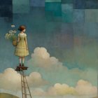 Girl in Pastel Dress on Ladder with Grapes and Sky