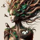 Serene Female Figure with Nature Elements and Butterflies