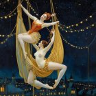 Ballerinas Aerially Performing Against Night Sky Scene