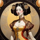 Asian Woman in Renaissance Dress with Floral Hair and Golden Circles