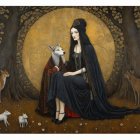 Witch in Black Gown with Dog and Cat Under Golden Sun