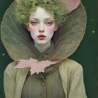 Illustrated woman with pale complexion and intricate gold and blue headdress.