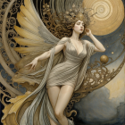 Ethereal figure dancing under a full moon with flowers