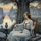 Serene woman in blue gown with dove in moonlit forest