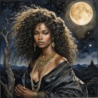 Elegant Woman in Dark Gown Against Moonlit Landscape