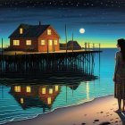 Twilight Scene with Woman, House, and Calm Waters