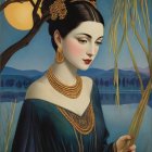 Ethereal Woman in Elegant Attire with Floral Background