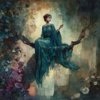 Elegantly Dressed Women in Celestial-Themed Room
