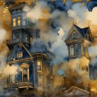 Whimsical Urban Landscape with Dreamy Sky and Flowers