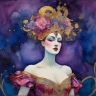 Fantasy Woman with Ornate Headdress and Violet Eyes