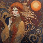 Serene Woman with Red Hair in Celestial Artwork