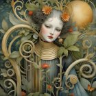 Digital painting of a woman in ornate attire with cats