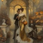 Glamorous Woman in Gold Gown Under Autumn Archway