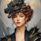 Digital artwork of fair-skinned woman with curly brown hair and dragon-inspired jewelry.