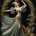 Elegant figure in flowing gown with ornate backdrop