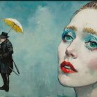 Close-Up Painting of Woman with Bold Makeup and Umbrella