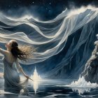 Ethereal Figure with Butterfly Wings Against Dark Backdrop