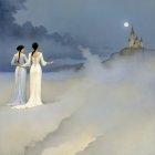 Woman in White Dress Surrounded by Clouds and Birds