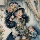 Elderly Woman in Colorful Dress with Yellow Flowers