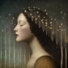 Serene portrait of a woman with doves and stars