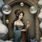 Winter Scene with Woman Writing in Snowy Setting