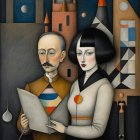 Stylized Figures in Abstract Background with Geometric Shapes